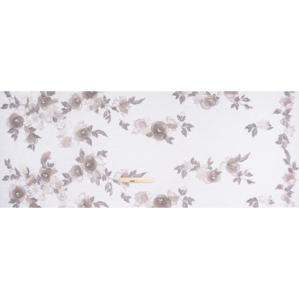 Embroidered and Beaded Tulle with 3D Fabric and Ribbon Flowers - Lilac, Gray and Silver Floral - Full