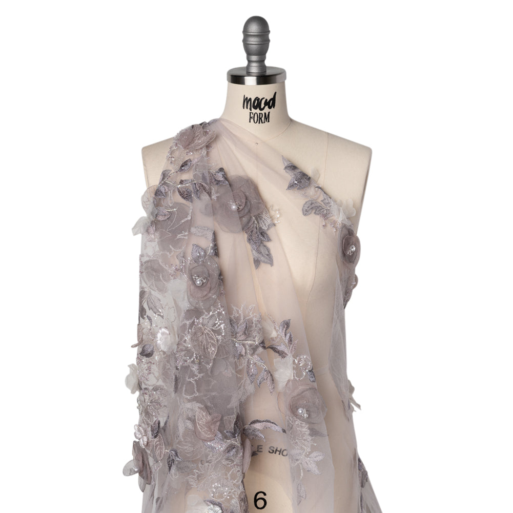 Embroidered and Beaded Tulle with 3D Fabric and Ribbon Flowers - Lilac, Gray and Silver Floral Drape