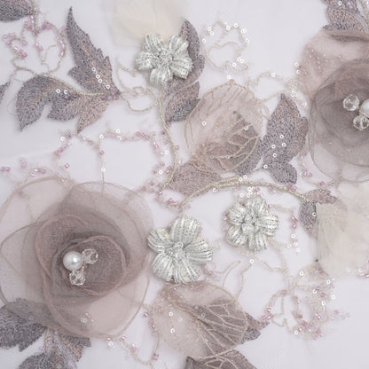 Embroidered and Beaded Tulle with 3D Fabric and Ribbon Flowers - Lilac, Gray and Silver Floral