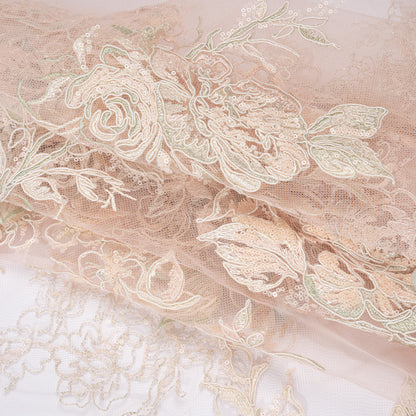 Embroidered and Beaded Tulle Panel with 3D Fabric Flowers - Peach, Light Blue and Silver Roses Folded