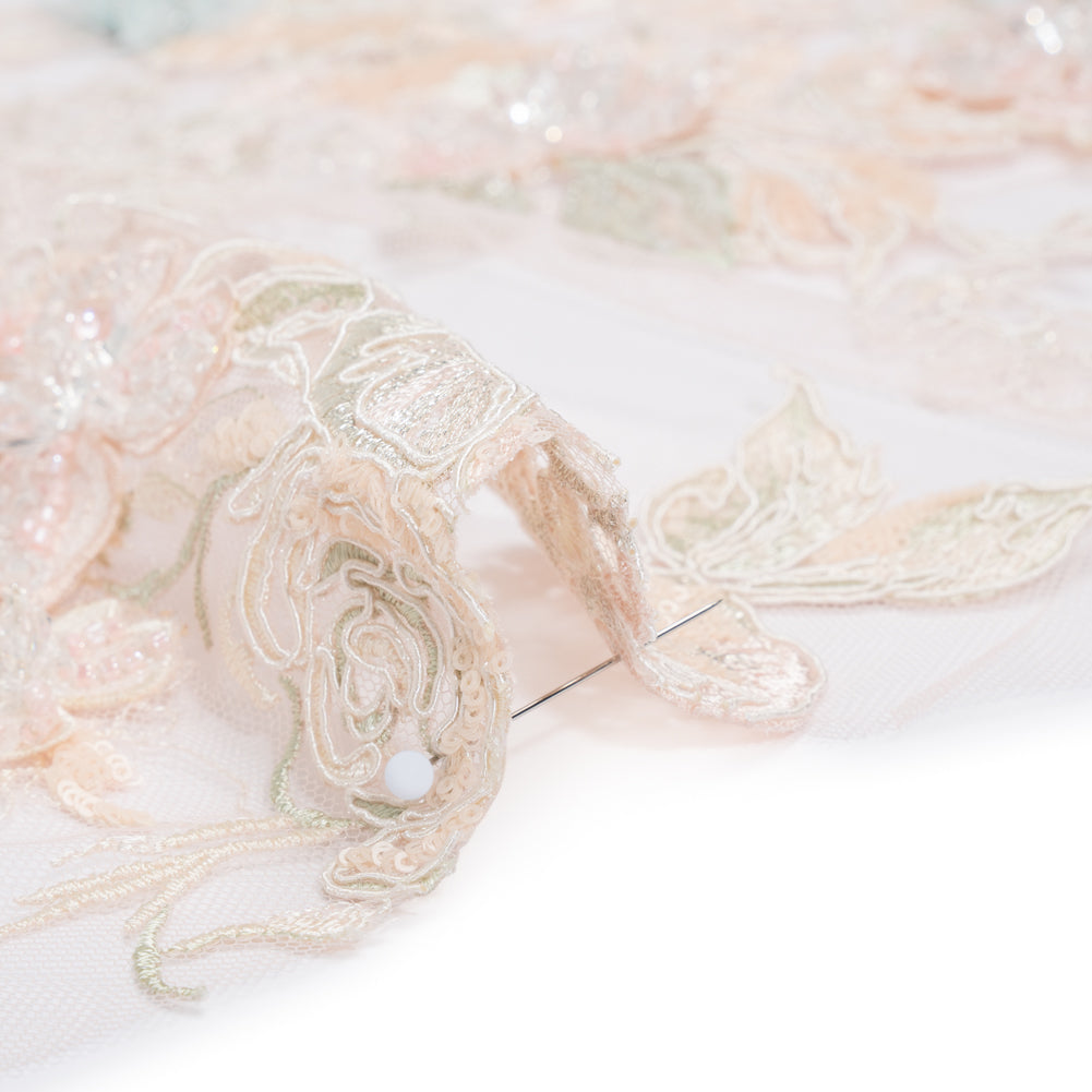 Embroidered and Beaded Tulle Panel with 3D Fabric Flowers - Peach, Light Blue and Silver Roses Detail