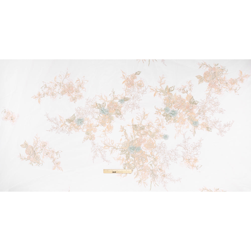 Embroidered and Beaded Tulle Panel with 3D Fabric Flowers - Peach, Light Blue and Silver Roses - Full