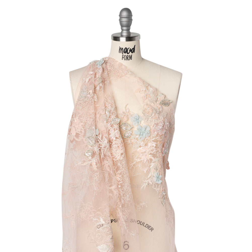 Embroidered and Beaded Tulle Panel with 3D Fabric Flowers - Peach, Light Blue and Silver Roses Drape