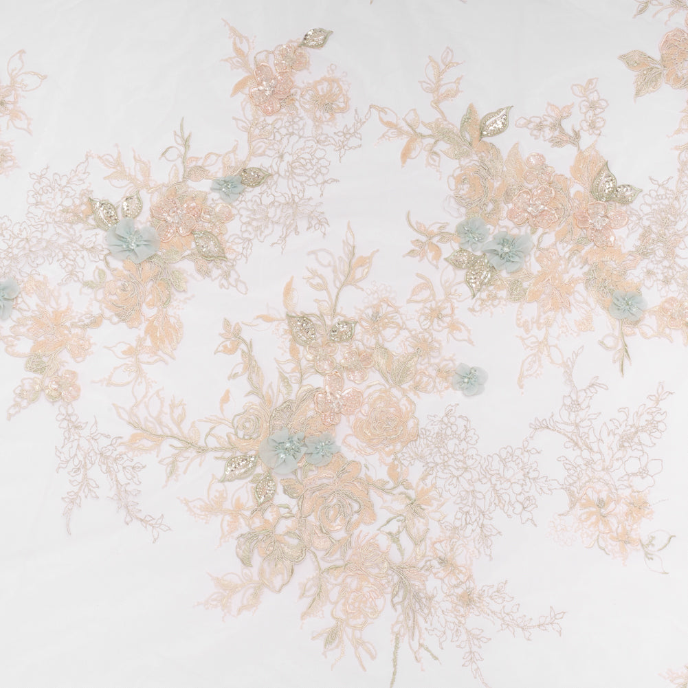 Embroidered and Beaded Tulle Panel with 3D Fabric Flowers - Peach, Light Blue and Silver Roses