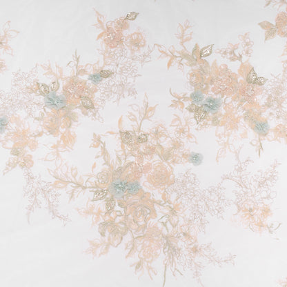 Embroidered and Beaded Tulle Panel with 3D Fabric Flowers - Peach, Light Blue and Silver Roses