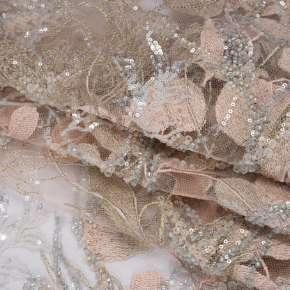 Embroidered and Beaded Tulle with 3D Fabric Flowers - Dark Beige, Pink and Pale Blue Fanciful Leaves and Florals Folded
