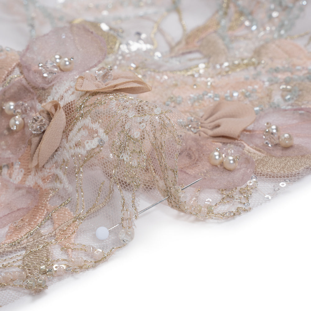 Embroidered and Beaded Tulle with 3D Fabric Flowers - Dark Beige, Pink and Pale Blue Fanciful Leaves and Florals Detail