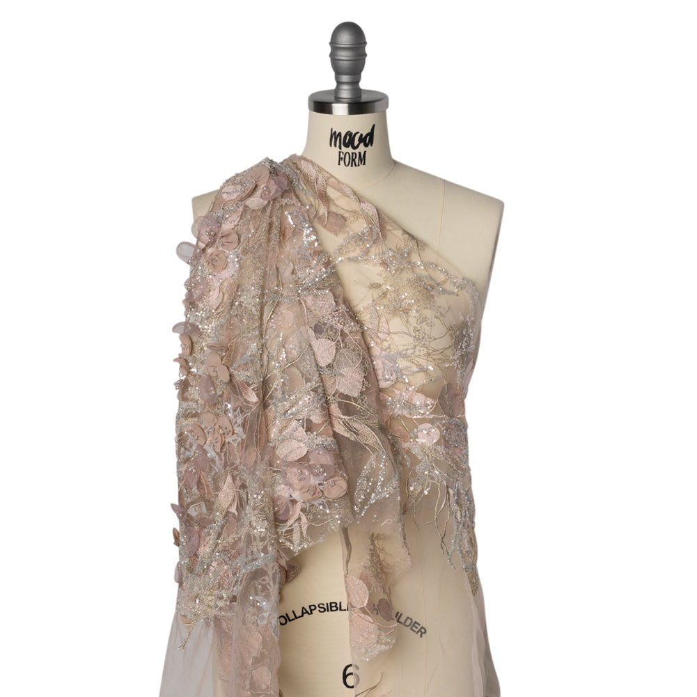 Embroidered and Beaded Tulle with 3D Fabric Flowers - Dark Beige, Pink and Pale Blue Fanciful Leaves and Florals Drape