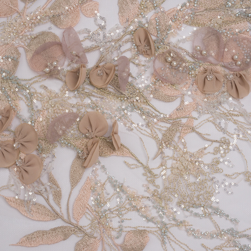 Embroidered and Beaded Tulle with 3D Fabric Flowers - Dark Beige, Pink and Pale Blue Fanciful Leaves and Florals