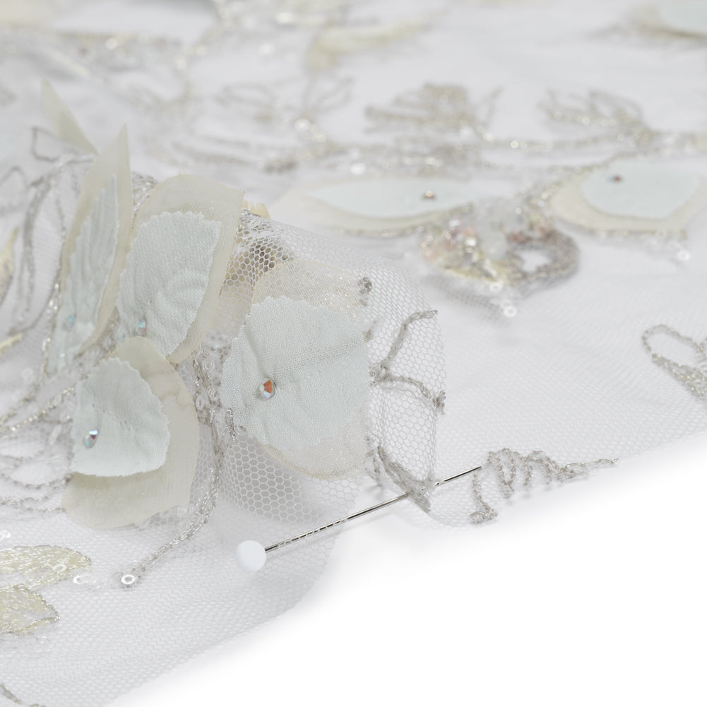 Embroidered and Beaded Tulle with 3D Fabric Flowers - Light Gray, Seafoam and Cream Leafy Arrangements Detail