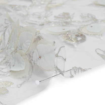 Embroidered and Beaded Tulle with 3D Fabric Flowers - Light Gray, Seafoam and Cream Leafy Arrangements Detail