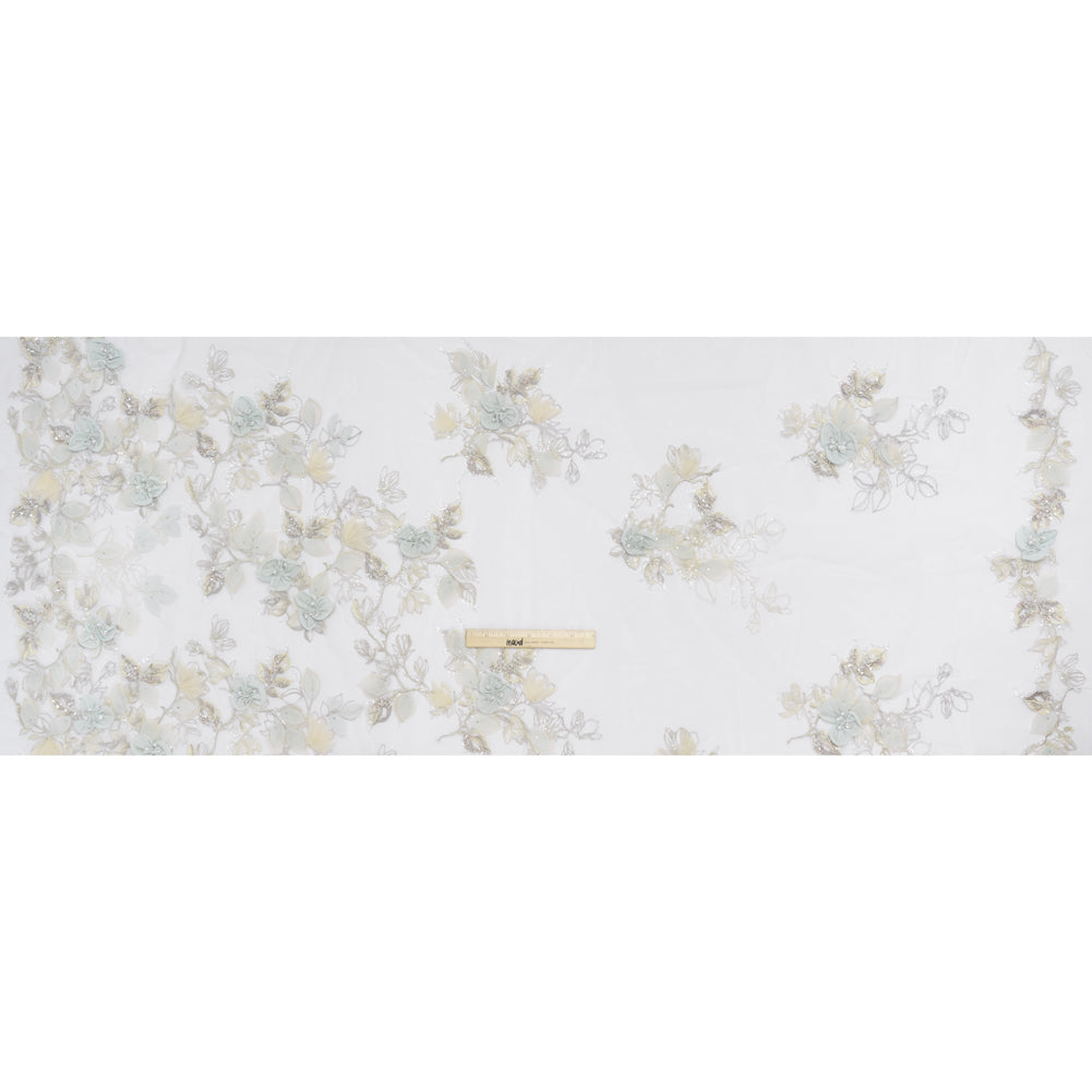 Embroidered and Beaded Tulle with 3D Fabric Flowers - Light Gray, Seafoam and Cream Leafy Arrangements - Full