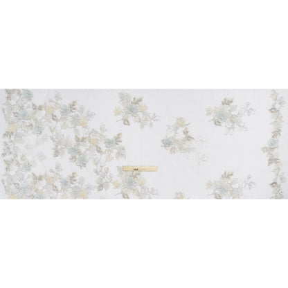 Embroidered and Beaded Tulle with 3D Fabric Flowers - Light Gray, Seafoam and Cream Leafy Arrangements - Full