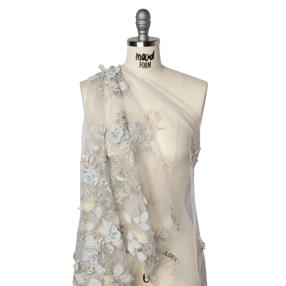 Embroidered and Beaded Tulle with 3D Fabric Flowers - Light Gray, Seafoam and Cream Leafy Arrangements Drape