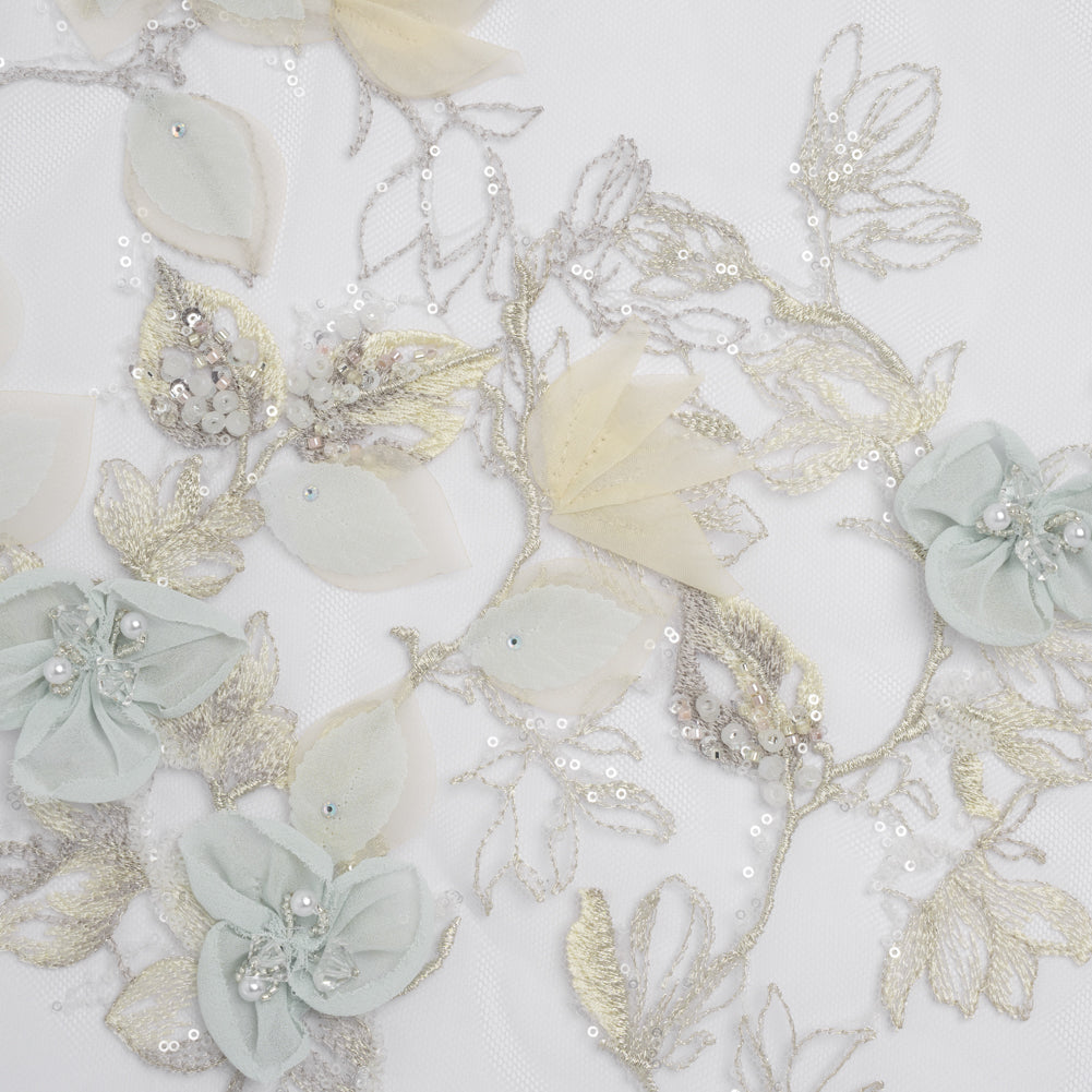 Embroidered and Beaded Tulle with 3D Fabric Flowers - Light Gray, Seafoam and Cream Leafy Arrangements