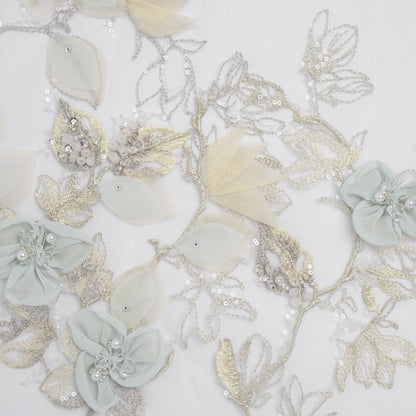 Embroidered and Beaded Tulle with 3D Fabric Flowers - Light Gray, Seafoam and Cream Leafy Arrangements