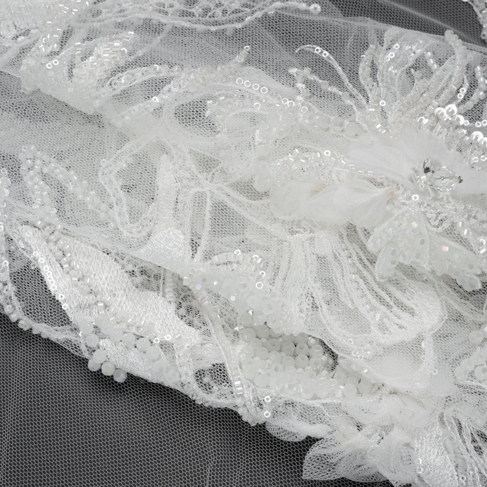 Embroidered and Beaded Bridal Tulle with 3D Fabric Flowers - Off White Fancy Florals Folded