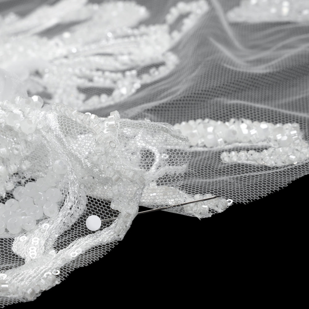 Embroidered and Beaded Bridal Tulle with 3D Fabric Flowers - Off White Fancy Florals Detail