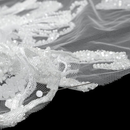 Embroidered and Beaded Bridal Tulle with 3D Fabric Flowers - Off White Fancy Florals Detail