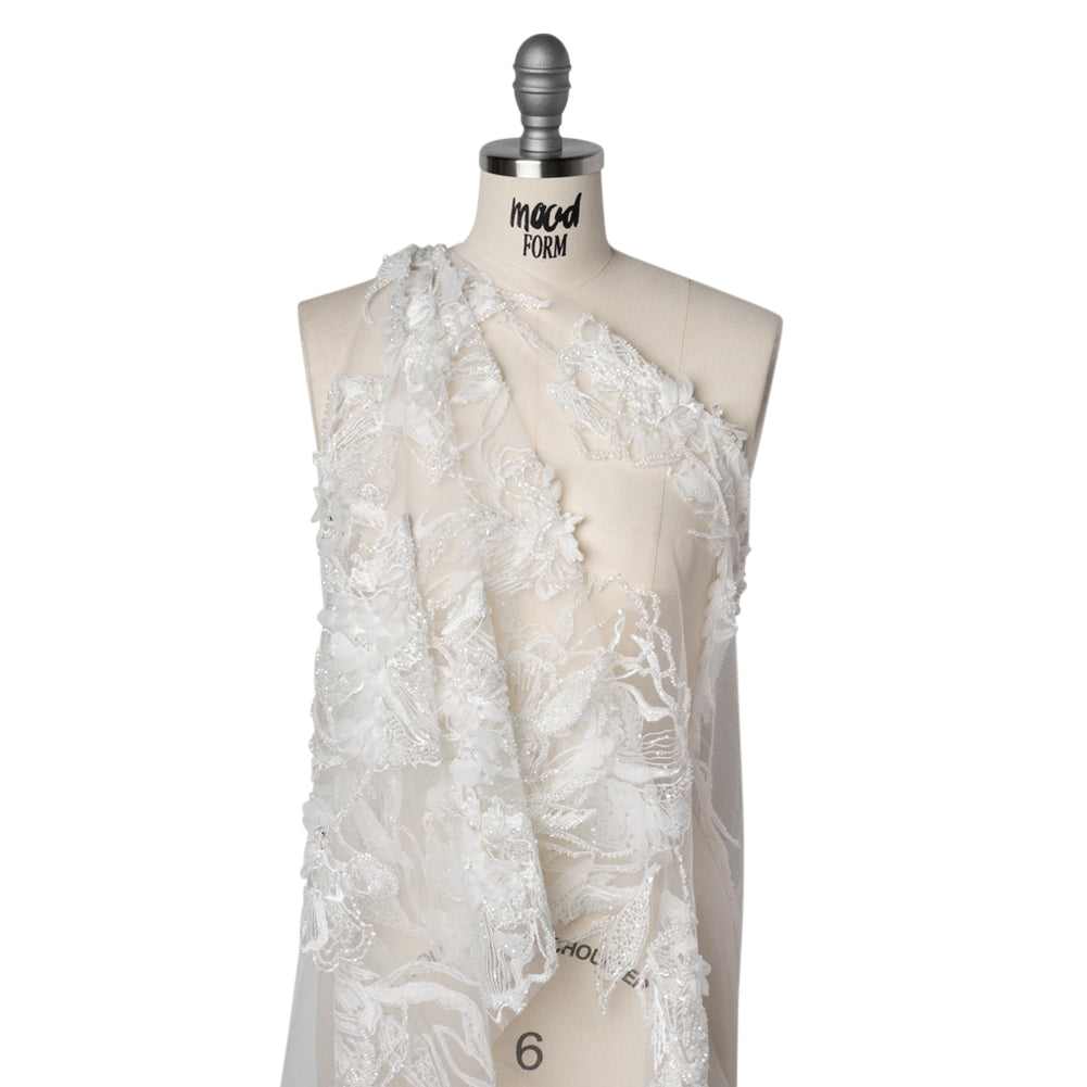 Embroidered and Beaded Bridal Tulle with 3D Fabric Flowers - Off White Fancy Florals Drape