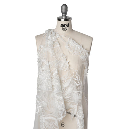 Embroidered and Beaded Bridal Tulle with 3D Fabric Flowers - Off White Fancy Florals Drape