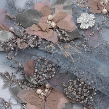 Embroidered and Beaded Bridal Tulle with 3D Velvet and Chiffon Fabric Flowers - Blue and Mauve Elegant Floral Arrangements Folded