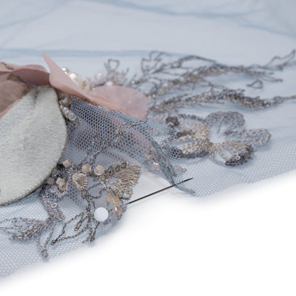 Embroidered and Beaded Bridal Tulle with 3D Velvet and Chiffon Fabric Flowers - Blue and Mauve Elegant Floral Arrangements Detail