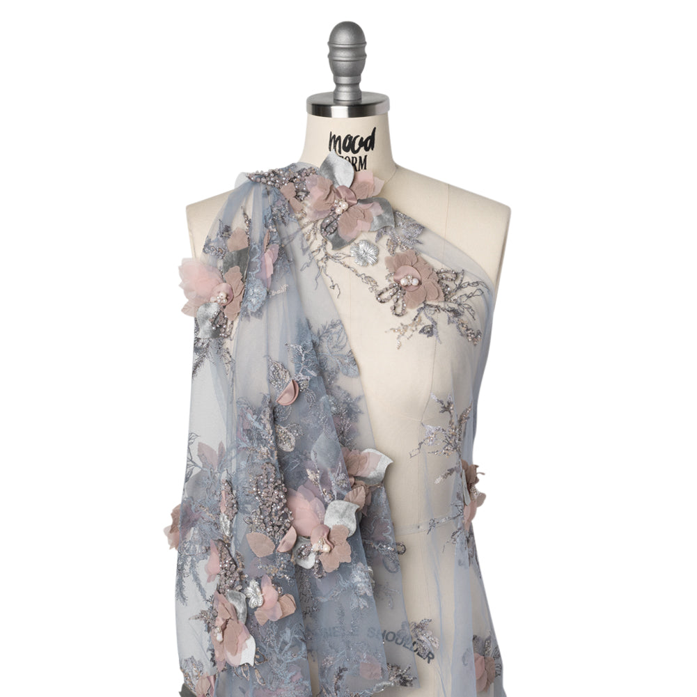 Embroidered and Beaded Bridal Tulle with 3D Velvet and Chiffon Fabric Flowers - Blue and Mauve Elegant Floral Arrangements Drape