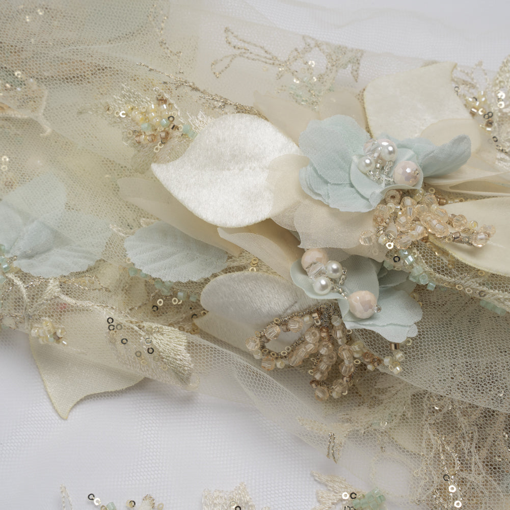 Embroidered and Beaded Tulle with 3D Fabric Flowers - Light Lemon, Cream and Pale Blue Floral Folded