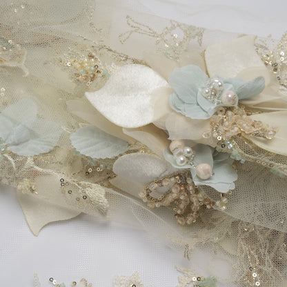 Embroidered and Beaded Tulle with 3D Fabric Flowers - Light Lemon, Cream and Pale Blue Floral Folded