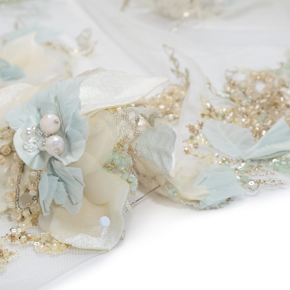 Embroidered and Beaded Tulle with 3D Fabric Flowers - Light Lemon, Cream and Pale Blue Floral Detail