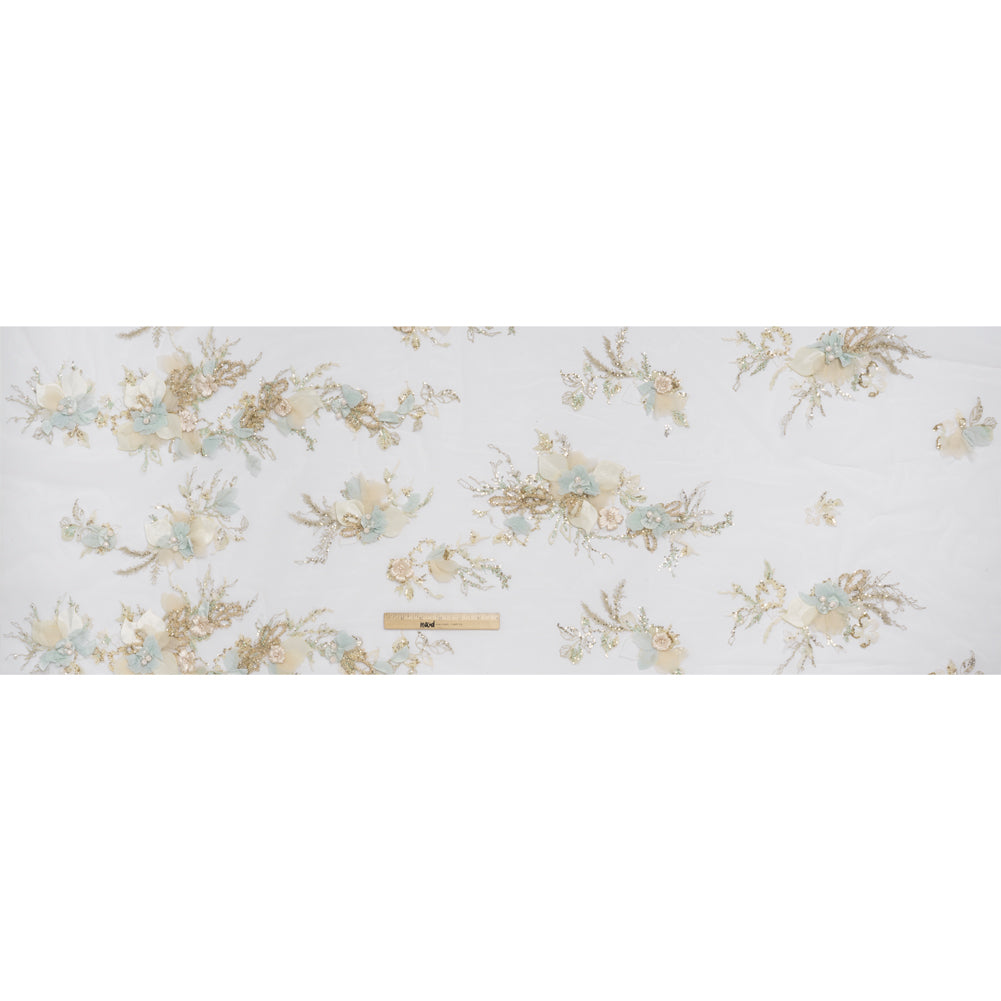Embroidered and Beaded Tulle with 3D Fabric Flowers - Light Lemon, Cream and Pale Blue Floral - Full