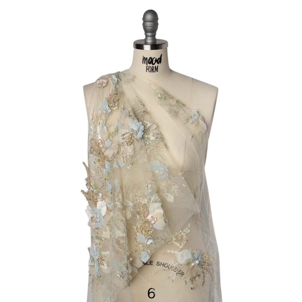 Embroidered and Beaded Tulle with 3D Fabric Flowers - Light Lemon, Cream and Pale Blue Floral Drape