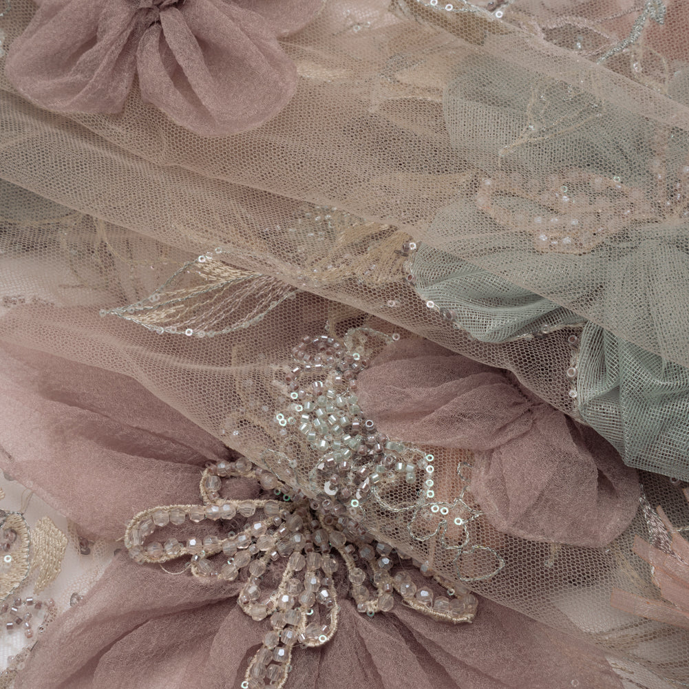 Embroidered and Beaded Tulle with 3D Applique Fabric Flowers - Taupe, Mauve, Mint and Pink Big Flowers Folded