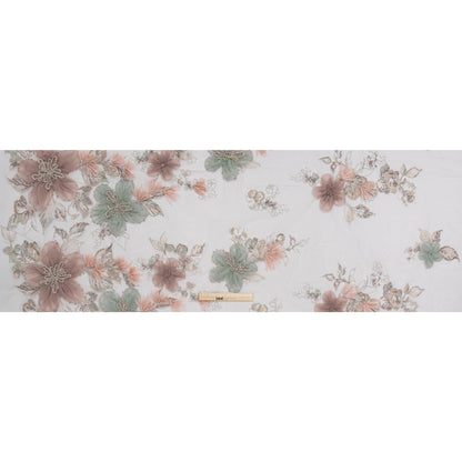 Embroidered and Beaded Tulle with 3D Applique Fabric Flowers - Taupe, Mauve, Mint and Pink Big Flowers - Full