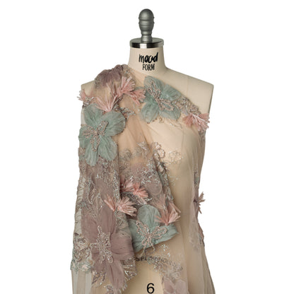 Embroidered and Beaded Tulle with 3D Applique Fabric Flowers - Taupe, Mauve, Mint and Pink Big Flowers Drape