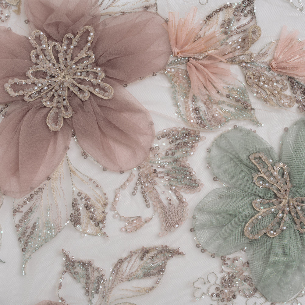 Embroidered and Beaded Tulle with 3D Applique Fabric Flowers - Taupe, Mauve, Mint and Pink Big Flowers