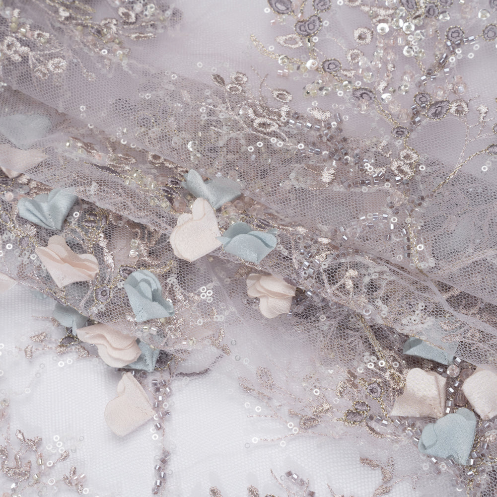 Embroidered and Beaded Tulle with 3D Satin Flowers - Lilac, Cream and Light Blue Floral Sprigs Folded