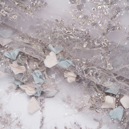 Embroidered and Beaded Tulle with 3D Satin Flowers - Lilac, Cream and Light Blue Floral Sprigs Folded