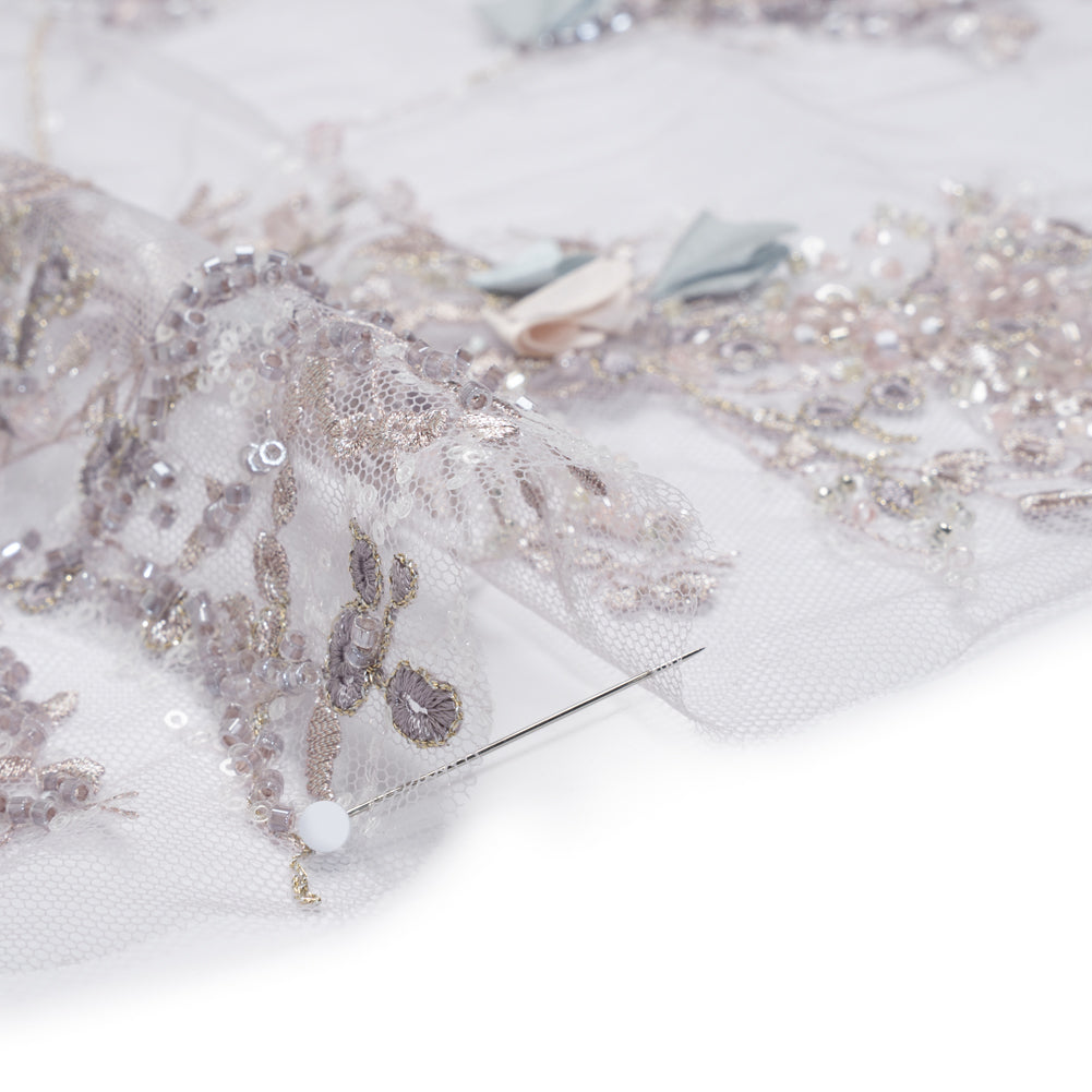 Embroidered and Beaded Tulle with 3D Satin Flowers - Lilac, Cream and Light Blue Floral Sprigs Detail