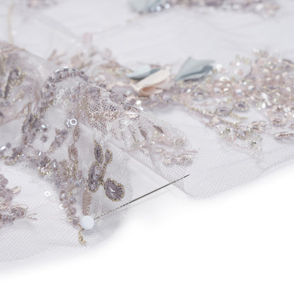 Embroidered and Beaded Tulle with 3D Satin Flowers - Lilac, Cream and Light Blue Floral Sprigs Detail