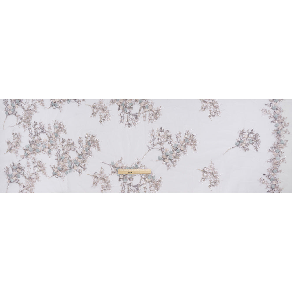 Embroidered and Beaded Tulle with 3D Satin Flowers - Lilac, Cream and Light Blue Floral Sprigs - Full
