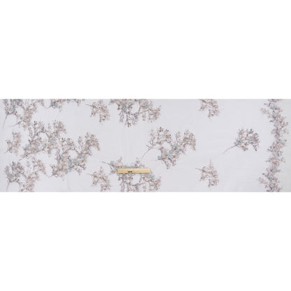 Embroidered and Beaded Tulle with 3D Satin Flowers - Lilac, Cream and Light Blue Floral Sprigs - Full