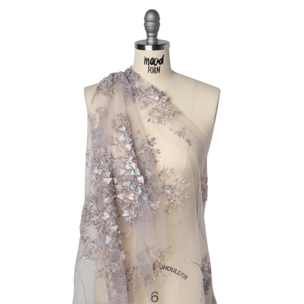 Embroidered and Beaded Tulle with 3D Satin Flowers - Lilac, Cream and Light Blue Floral Sprigs Drape
