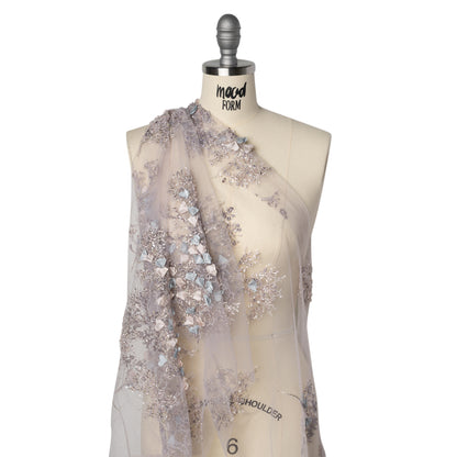 Embroidered and Beaded Tulle with 3D Satin Flowers - Lilac, Cream and Light Blue Floral Sprigs Drape