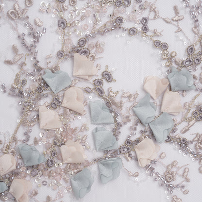 Embroidered and Beaded Tulle with 3D Satin Flowers - Lilac, Cream and Light Blue Floral Sprigs