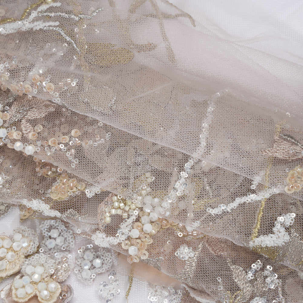 Embroidered and Beaded Tulle with 3D Satin Flowers - Taupe, Lemon and White Flowering Branches Folded