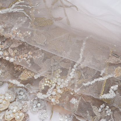 Embroidered and Beaded Tulle with 3D Satin Flowers - Taupe, Lemon and White Flowering Branches Folded