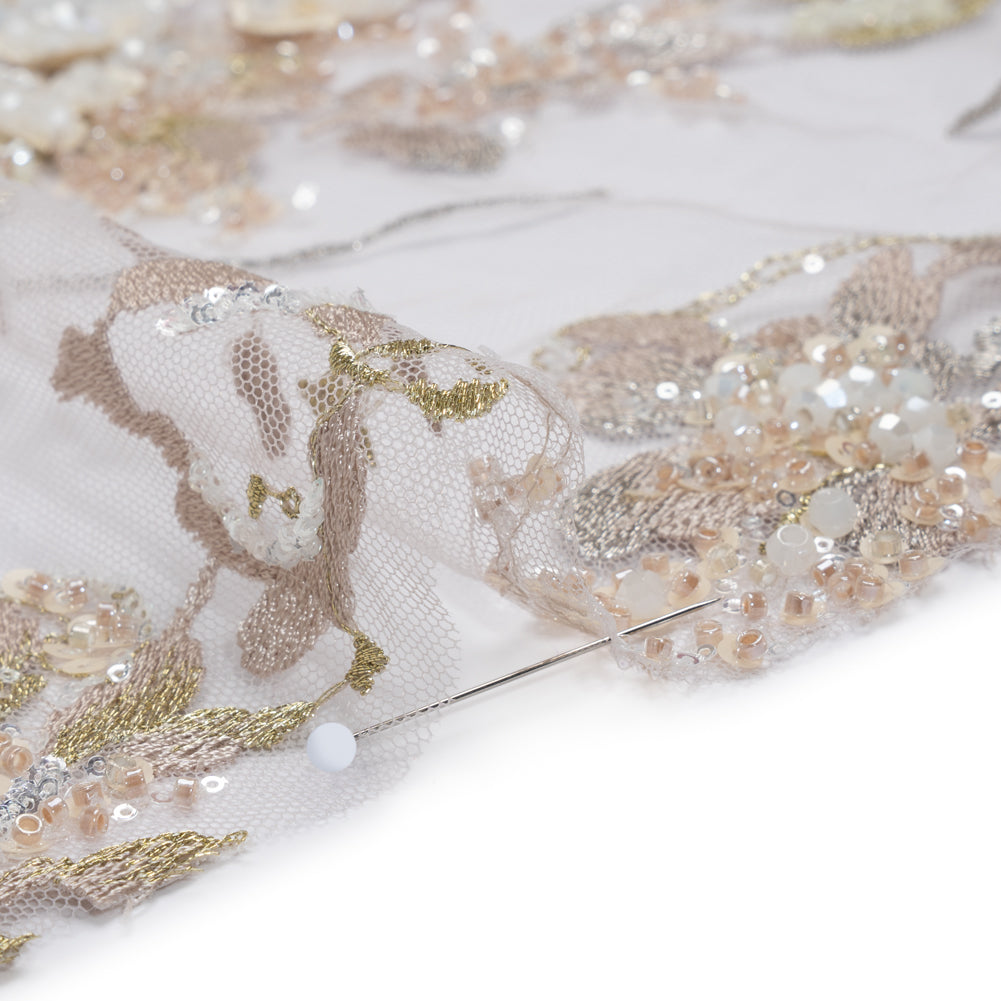 Embroidered and Beaded Tulle with 3D Satin Flowers - Taupe, Lemon and White Flowering Branches Detail