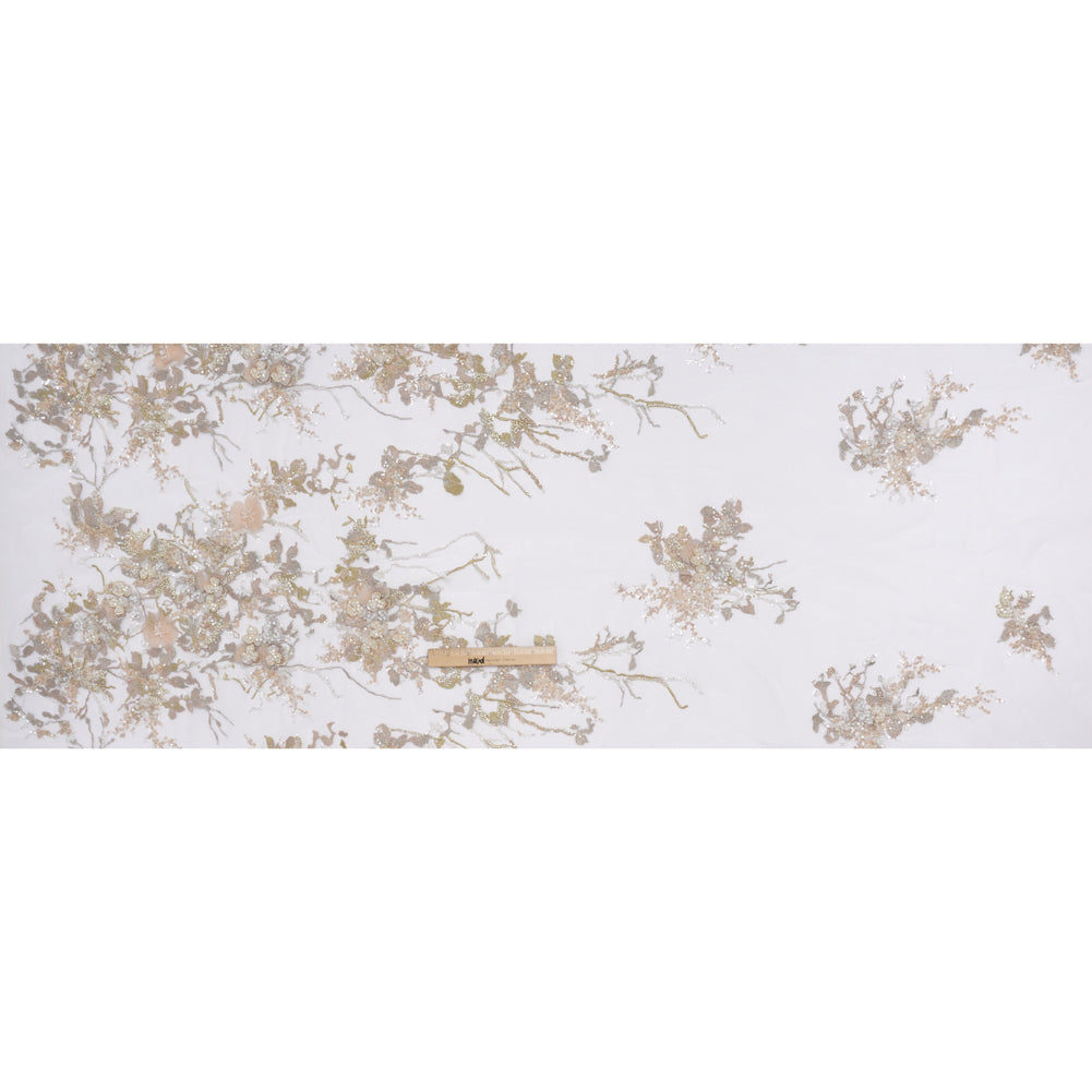 Embroidered and Beaded Tulle with 3D Satin Flowers - Taupe, Lemon and White Flowering Branches - Full